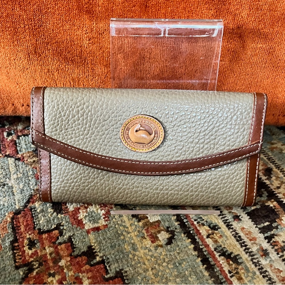 Dooney & Bourke Women’s Pebbled Leather Tri-Fold Wallet in Olive with Brown Trim